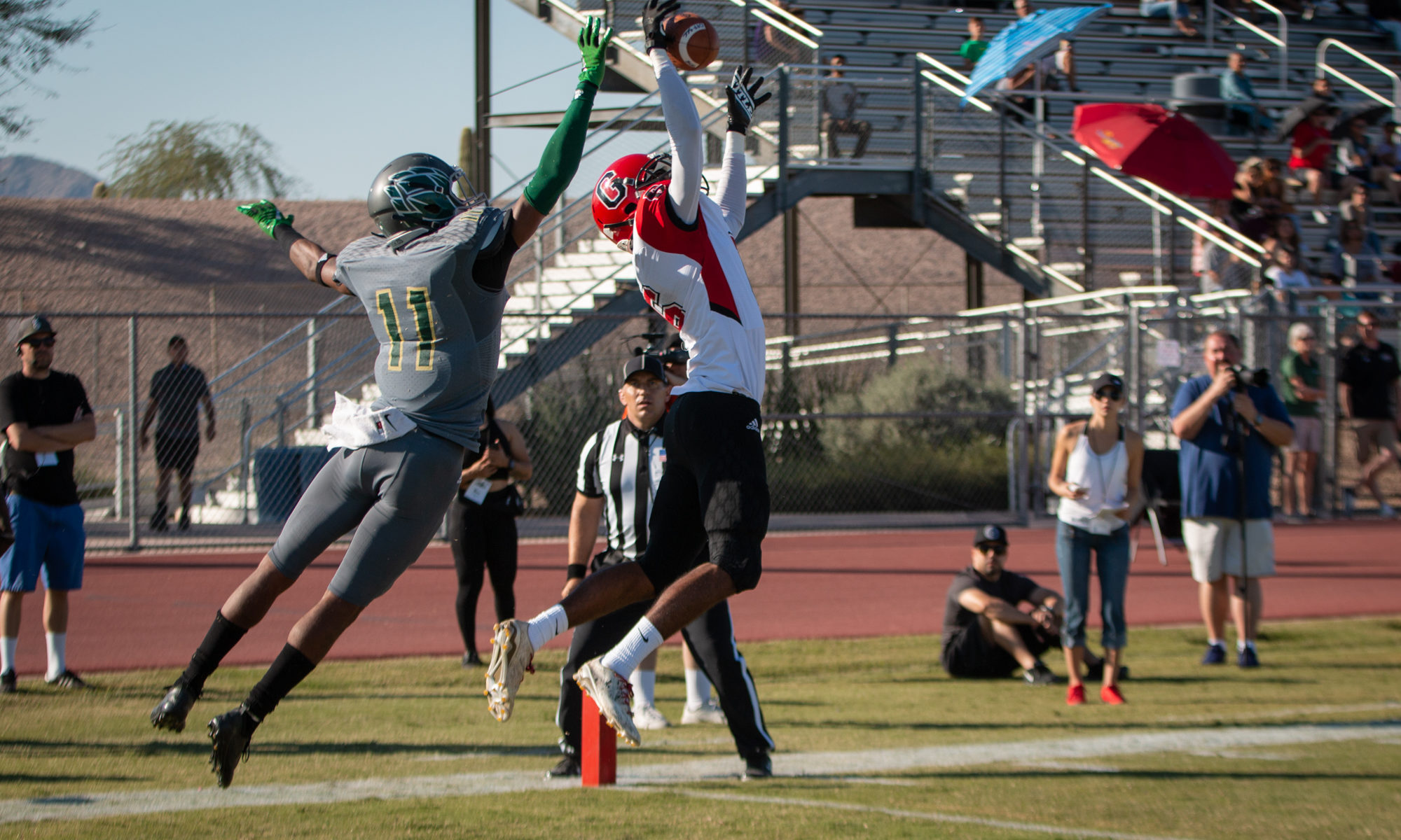 Sophomore defensive back DJ Charles breaks up the pass in the endzone against Scottsdale. The Guachos played their final game of the 2018 season in Scottsdale Nov. 10. (Photo by Chris Lindsay)
