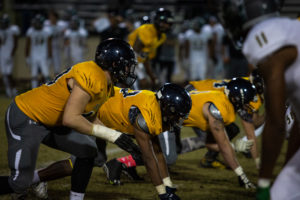 While the Bears defense gave up over 40 points to the Artichokes, they continued to play with intensity throughout the game. (Photo by Sarah Farrell)