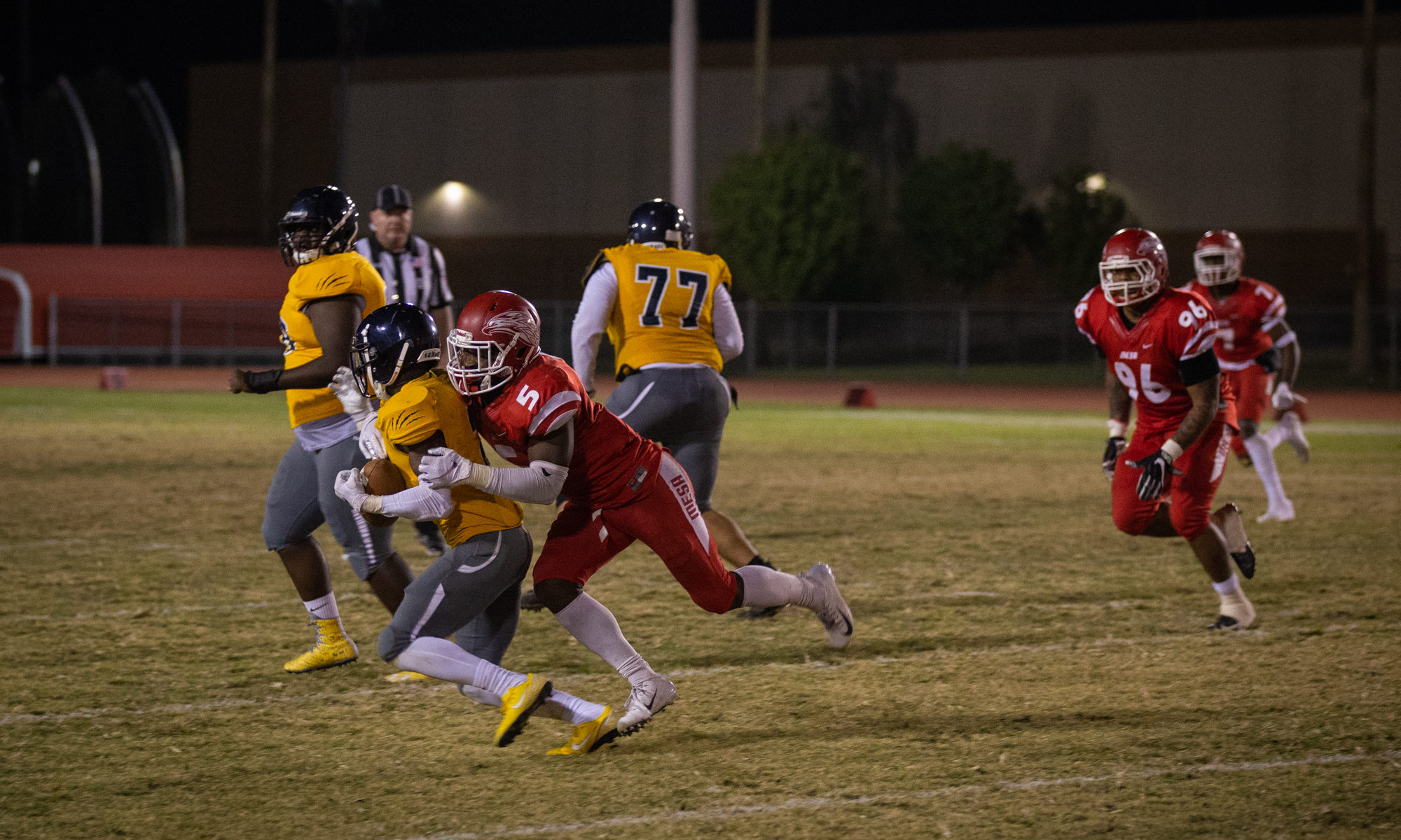 Freshman linebacker Jaquan Beaver makes the open field tackle on the Bears’ running back. He is one of 45 freshman on the Thunderbird’s roster this season. (Photo by Matthew Roy)