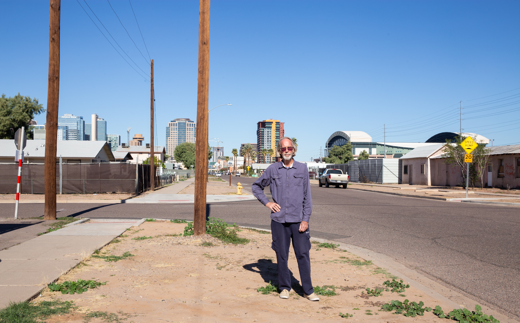As president of Central Park Neighborhood Association, Lyle Plocher has prioritized planting trees in the small South Phoenix neighborhood. He said the group intends to apply for a city grant for funding to plant trees in this right-of-way next year. At just over 6 percent, Central Park has one of the lowest canopy coverage rates in all of Phoenix. (Photo by Molly Duerig)