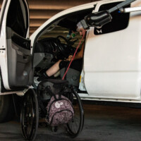 Goss's Tacoma is pretty high-tech! After lifting himself into the driver seat, special equipment has been built into the bed of the truck to latch to the chair and drop the wheelchair into the truck. Once he arrives at his destination, Ben is able to press and hold a button that then allows the chair to be dropped by the driver door so he is able to exit the vehicle. (Photo by Olivia Steinfeld)